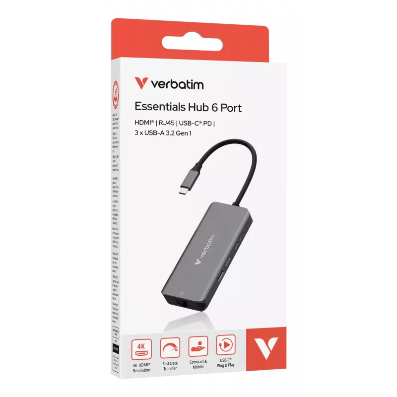 Verbatim USB-C Essentials -multiport-keskitin 6 porttia: RJ45, HDMI, USB-C PD, 3 x USB-A 3.2 Gen 1