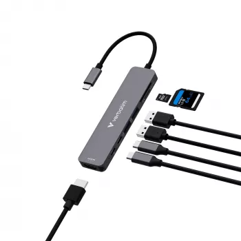 Verbatim USB-C Essentials -multiport-keskitin 7 porttia: HDMI, USB-C, USB-C 3.2 Gen 1, 2 x USB-A 3.2 Gen 1, SD & microSD