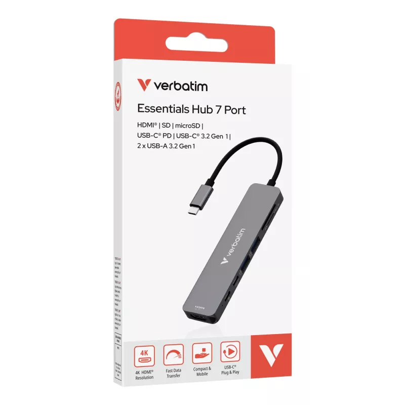 Verbatim USB-C Essentials -multiport-keskitin 7 porttia: HDMI, USB-C, USB-C 3.2 Gen 1, 2 x USB-A 3.2 Gen 1, SD & microSD