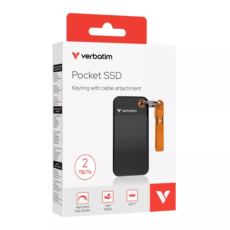 Verbatim Pocket SSD USB 3.2 Gen 2 2TB musta/oranssi, 2 TB, USB Type-C, 3.2 Gen 2 (3.1 Gen 2), 1000 MB/s, 10 Gbit/s, musta, oranssi