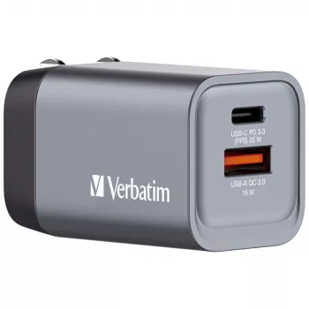 Verbatim GNC-35 GaN-laturi 35W 1 x USB-C PD 35W / 1 x USB-A QC 3.0 (EU/UK/US)