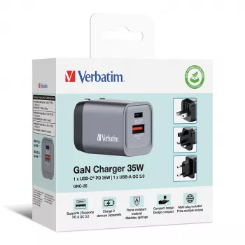 Verbatim GNC-35 GaN-laturi 35W 1 x USB-C PD 35W / 1 x USB-A QC 3.0 (EU/UK/US)