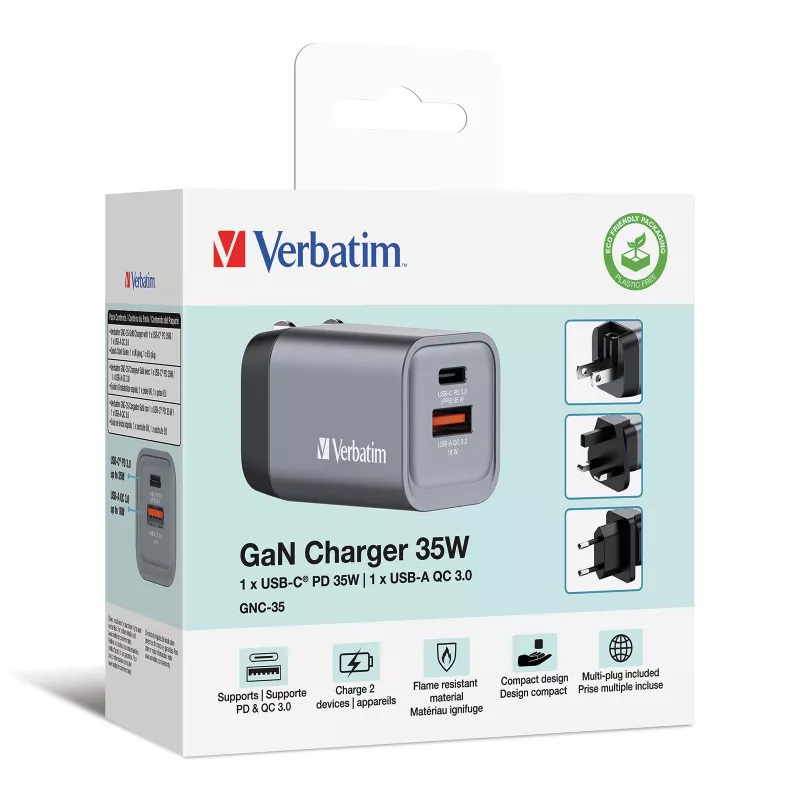 Verbatim GNC-35 GaN-laturi 35W 1 x USB-C PD 35W / 1 x USB-A QC 3.0 (EU/UK/US)
