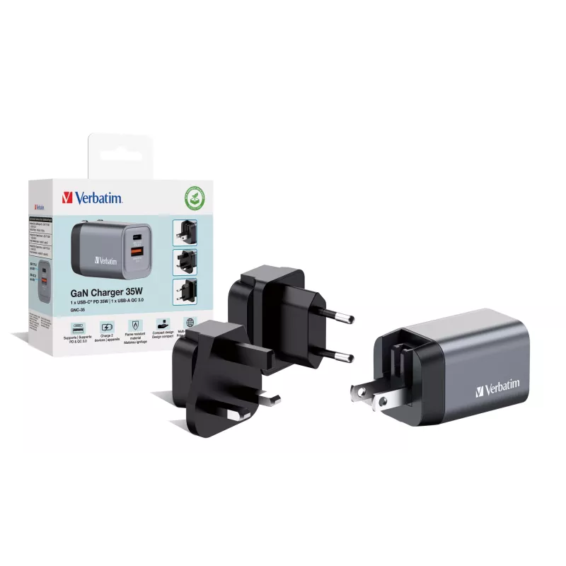 Verbatim GNC-35 GaN-laturi 35W 1 x USB-C PD 35W / 1 x USB-A QC 3.0 (EU/UK/US)