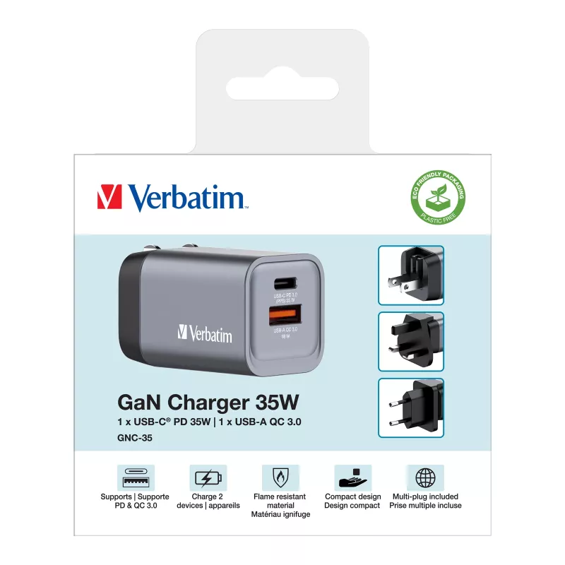 Verbatim GNC-35 GaN-laturi 35W 1 x USB-C PD 35W / 1 x USB-A QC 3.0 (EU/UK/US)