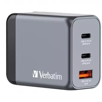Verbatim GNC-65 GaN-laturi 65W 2 x USB-C PD 65W / 1 x USB-A QC 3.0 (EU/UK/US)