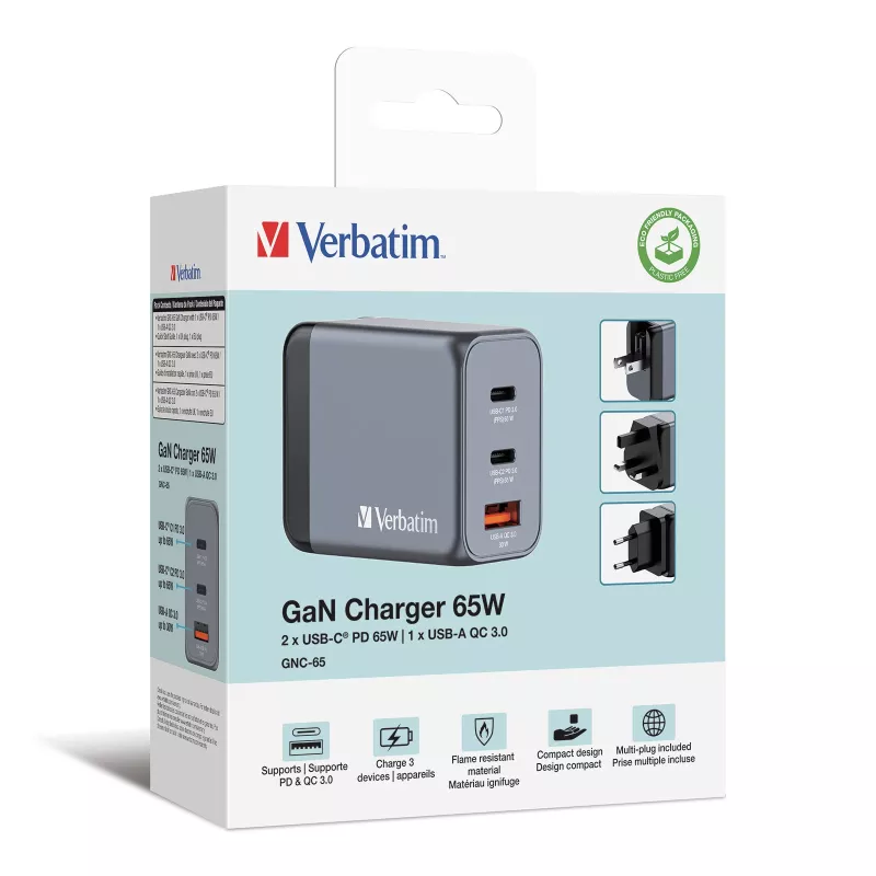 Verbatim GNC-65 GaN-laturi 65W 2 x USB-C PD 65W / 1 x USB-A QC 3.0 (EU/UK/US)