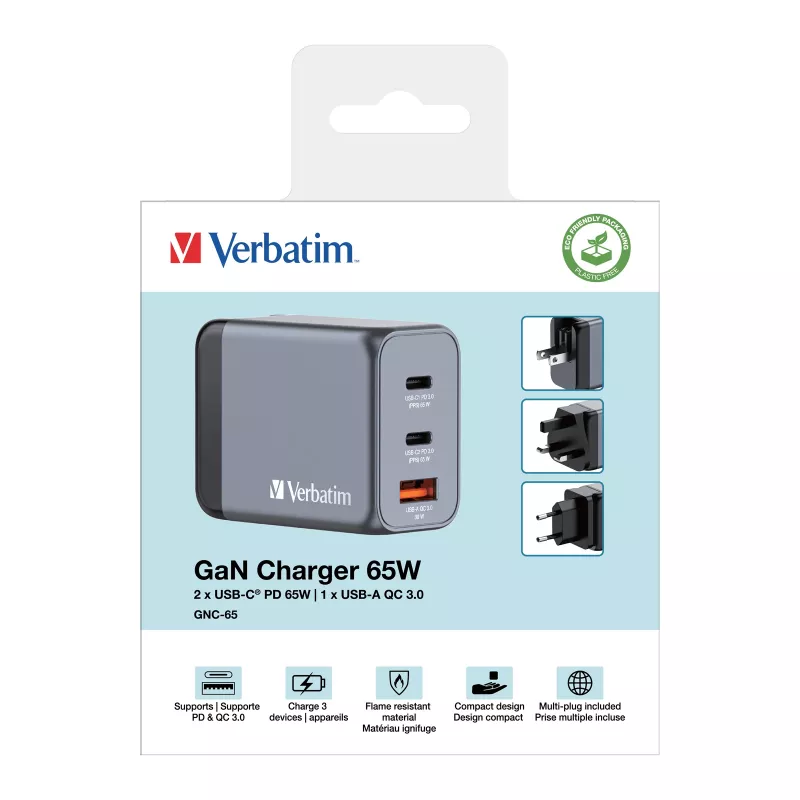 Verbatim GNC-65 GaN-laturi 65W 2 x USB-C PD 65W / 1 x USB-A QC 3.0 (EU/UK/US)