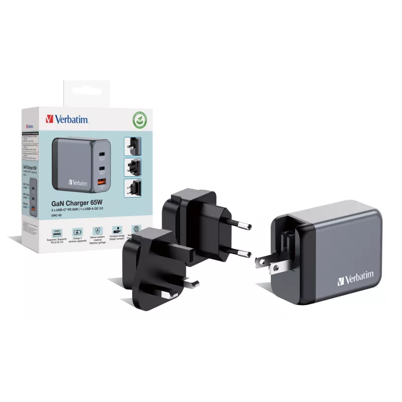 Verbatim GNC-65 GaN-laturi 65W 2 x USB-C PD 65W / 1 x USB-A QC 3.0 (EU/UK/US)