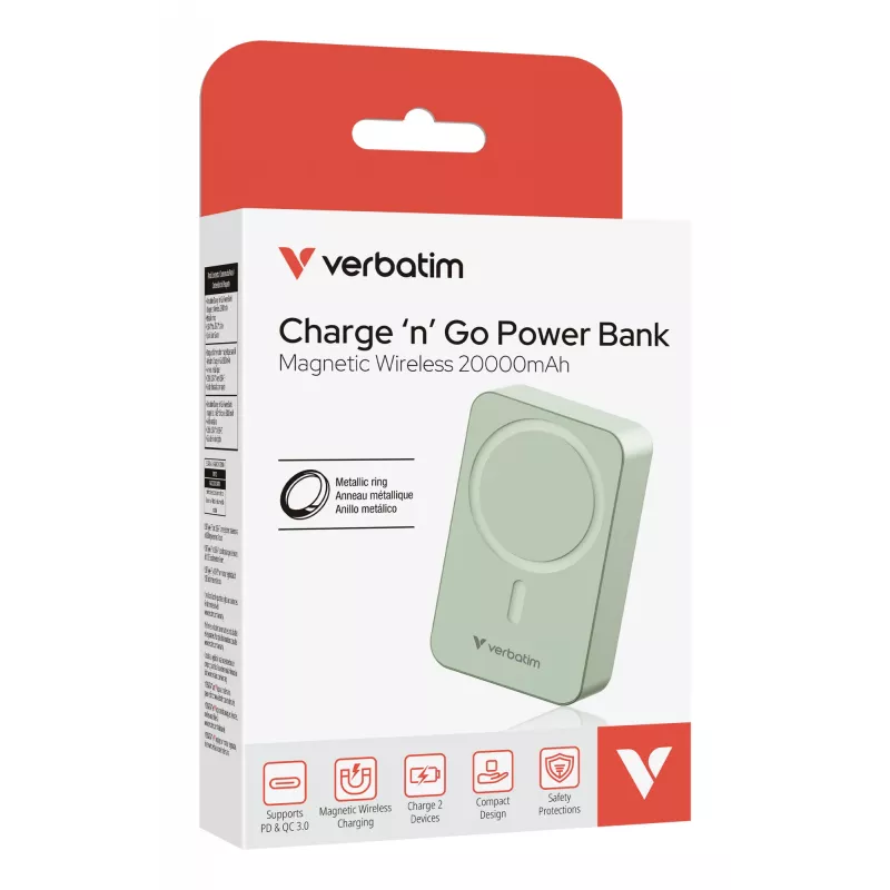 Verbatim Charge 'n' Go Essentials magneettinen langaton varavirtalähde 20000 mAh vihreä