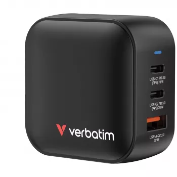 Verbatim Mini GaN -laturi 70W 3 porttia US-pistoke EU- ja UK-sovittimilla