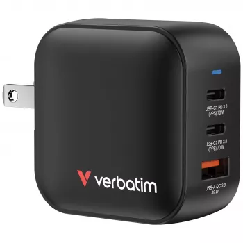 Verbatim Mini GaN -laturi 70W 3 porttia US-pistoke EU- ja UK-sovittimilla