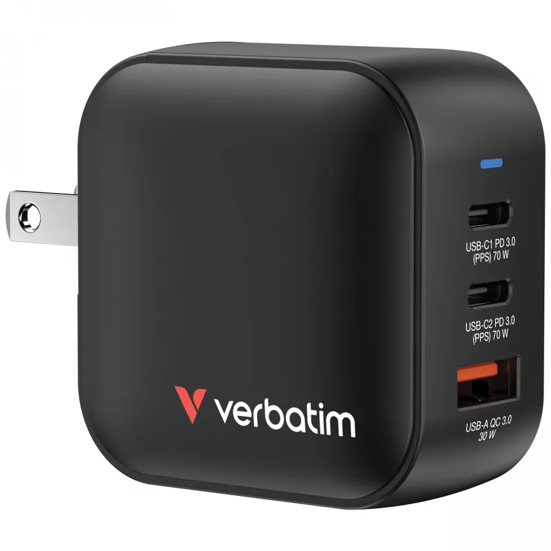 Verbatim Mini GaN -laturi 70W 3 porttia US-pistoke EU- ja UK-sovittimilla