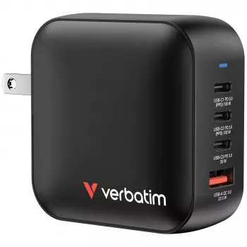 Verbatim Mini GaN -laturi 100W 4 porttia US-pistoke EU- ja UK-sovittimilla