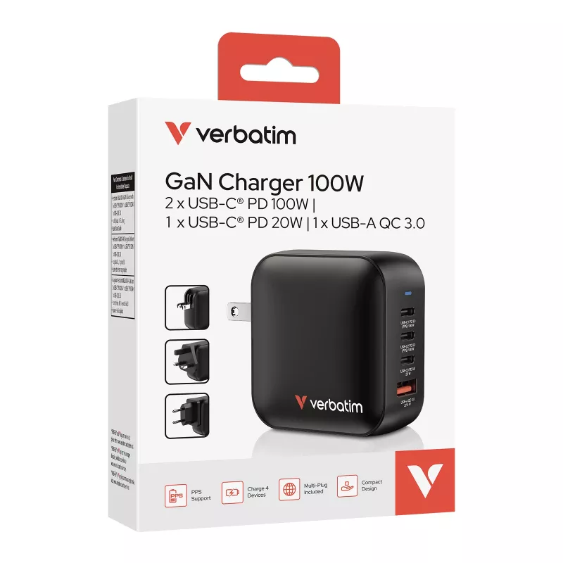 Verbatim Mini GaN -laturi 100W 4 porttia US-pistoke EU- ja UK-sovittimilla