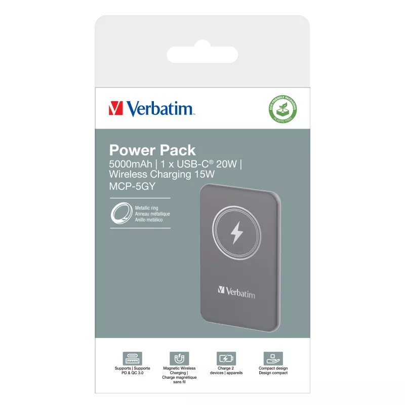 Verbatim Charge 'n' Go magneettinen langaton varavirtalähde 5000mAh harmaa
