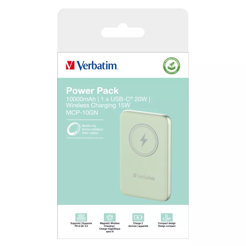 Verbatim Charge 'n' Go magneettinen langaton varavirtalähde 10000mAh vihreä