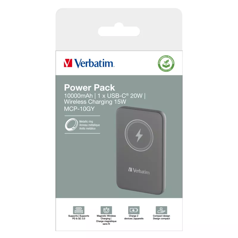 Verbatim Charge 'n' Go magneettinen langaton varavirtalähde 10000mAh harmaa