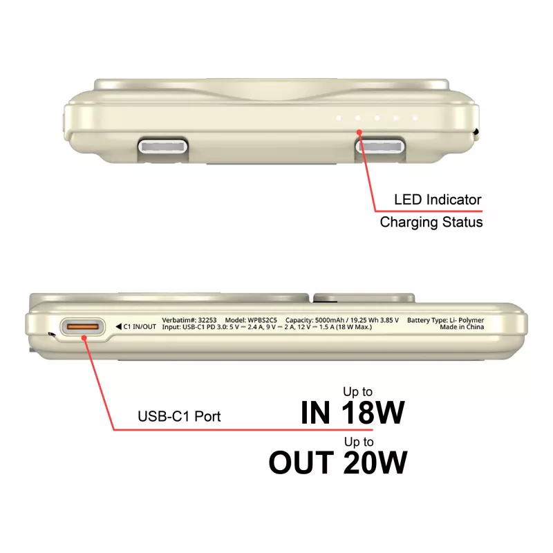 Verbatim Charge'n'G0 2C varavirtalähde 5000 mAh kulta