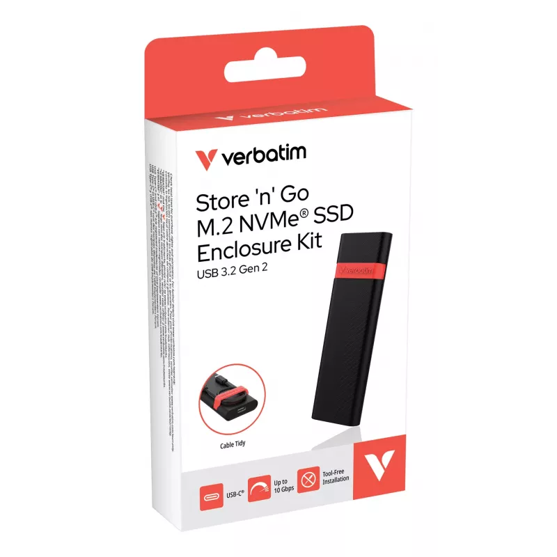 Verbatim M.2 NVMe SSD -kotelosarja, SSD-kotelo, M.2, PCI Express, 10 Gbit/s, USB-liitettävyys, musta, punainen