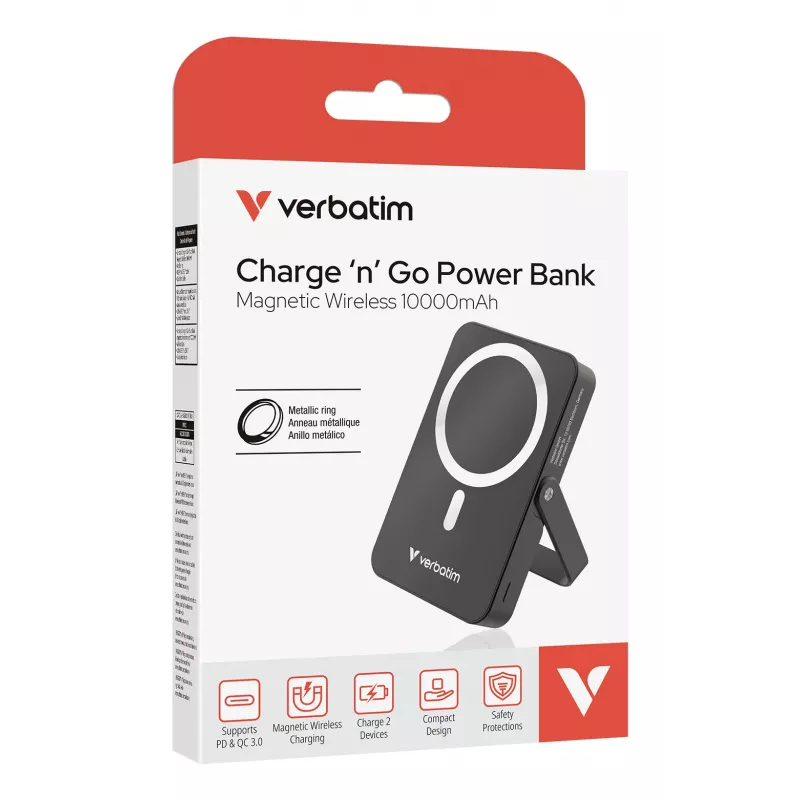 Verbatim Charge 'n' Go magneettinen langaton varavirtalähde jalustalla – 10000 mAh musta
