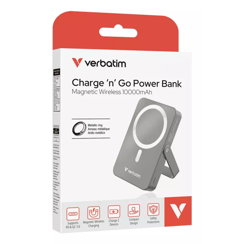 Verbatim Charge 'n' Go magneettinen langaton varavirtalähde jalustalla – 10000 mAh harmaa