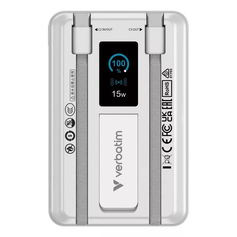 Verbatim Charge'n'Go 2C & Display -varavirtalähde 10000 mAh hopea
