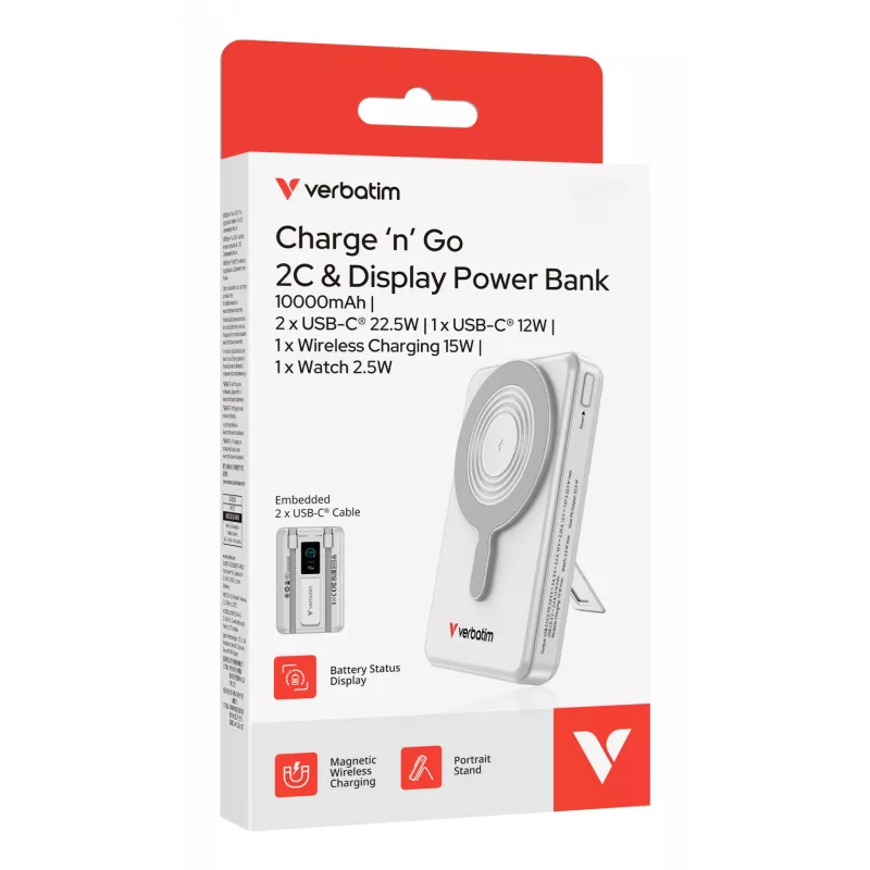 Verbatim Charge'n'Go 2C & Display -varavirtalähde 10000 mAh hopea