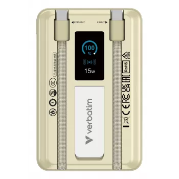 Verbatim Charge'n'Go 2C & Display -varavirtalähde 10000 mAh kulta, 10000 mAh, litiumpolymeeri (LiPo), Power Delivery 3.0, Quick Charge 3.0, langaton lataus, 3,85 V, 52 W