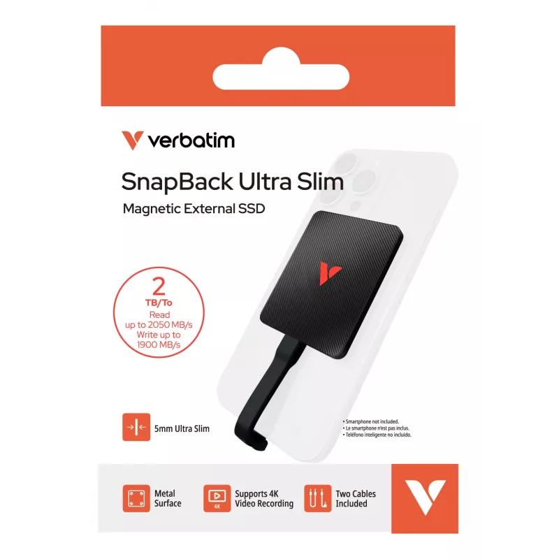 Verbatim SnapBack Ultra ohut SSD 2TB USB Type-C USB 3.2 Gen 2x2 musta