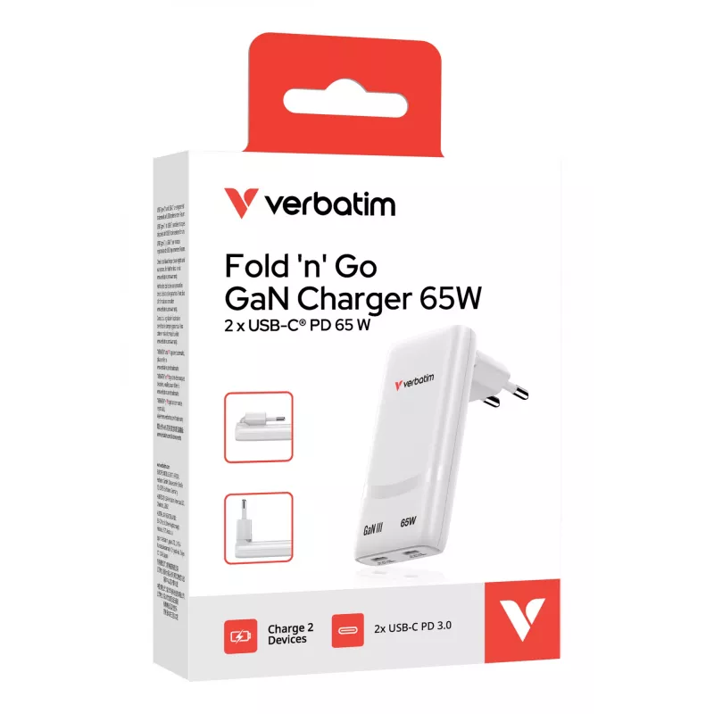 Verbatim Fold 'n' Go GaN -laturi 65W EU-pistoke valkoinen