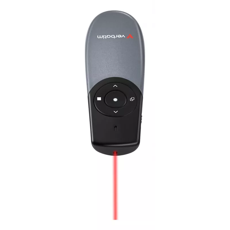Verbatim Focus langaton esityskaukosäädin punaisella laserosoittimella, RF, USB, 30 m, musta, hopea