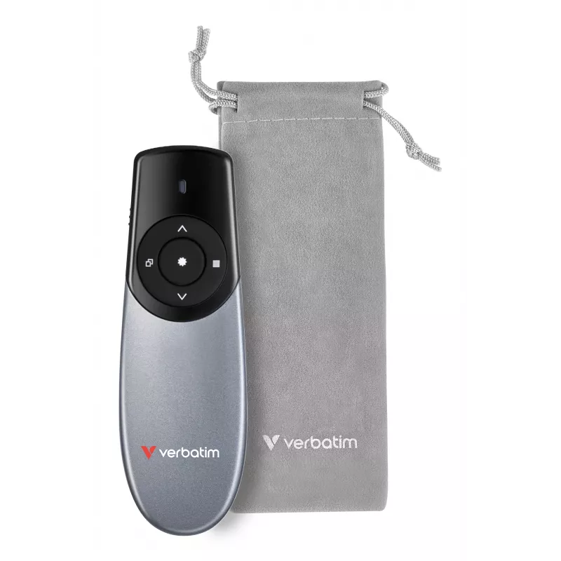Verbatim Focus langaton esityskaukosäädin punaisella laserosoittimella, RF, USB, 30 m, musta, hopea
