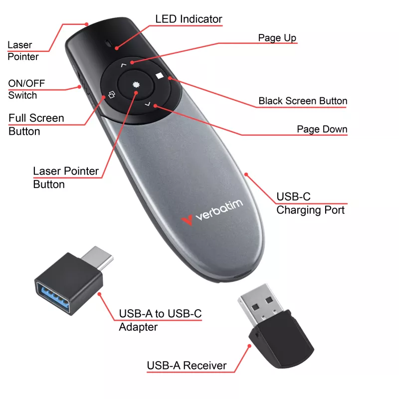 Verbatim Focus langaton esityskaukosäädin punaisella laserosoittimella, RF, USB, 30 m, musta, hopea