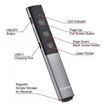 Verbatim Agenda langaton esityskaukosäädin punaisella laserosoittimella, RF, USB, 100 m, musta, hopea