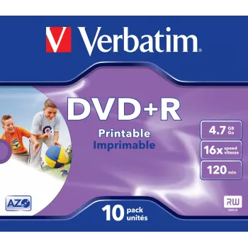Verbatim DVD+R Wide Inkjet Printable ID Brand, DVD+R, 120 mm, tulostettava, jewel case, 10 kpl, 4,7 GB