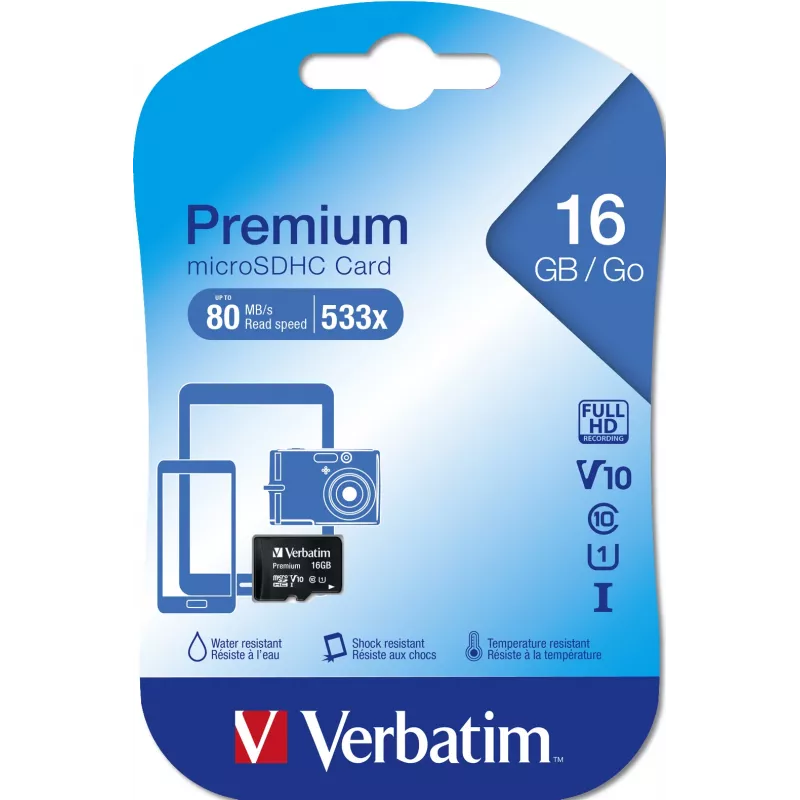 MicroSDHC Verbatim Premium 16 GB Class 10 musta 44010
