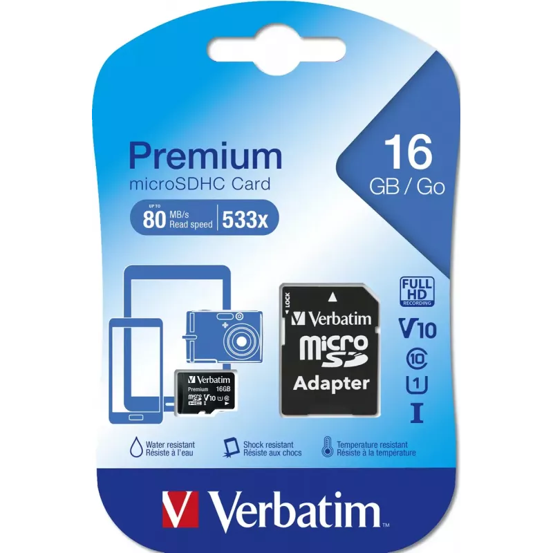 MicroSDHC Verbatim Premium 16 GB Class 10 musta