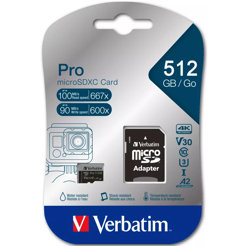 Verbatim Pro U3 512GB Micro SDXC -kortti, 512 GB, MicroSDXC, Class 10, UHS-I, 100 MB/s, 90 MB/s
