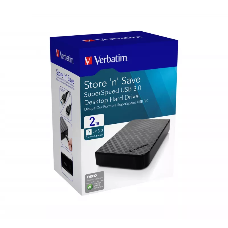 Verbatim Store 'n' Save 2TB USB 3.0, 2 TB, 3.2 Gen 1 (3.1 Gen 1), musta