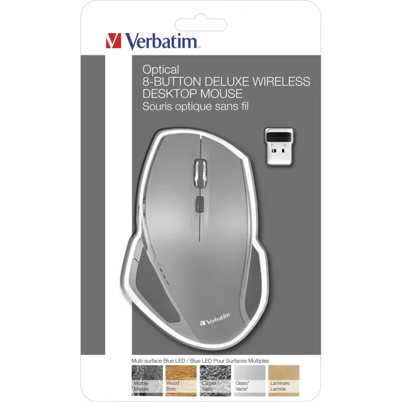 Verbatim 8-painikkeinen langaton Blue LED -hiiri, Blue LED, RF Wireless, 1600 DPI, musta, harmaa