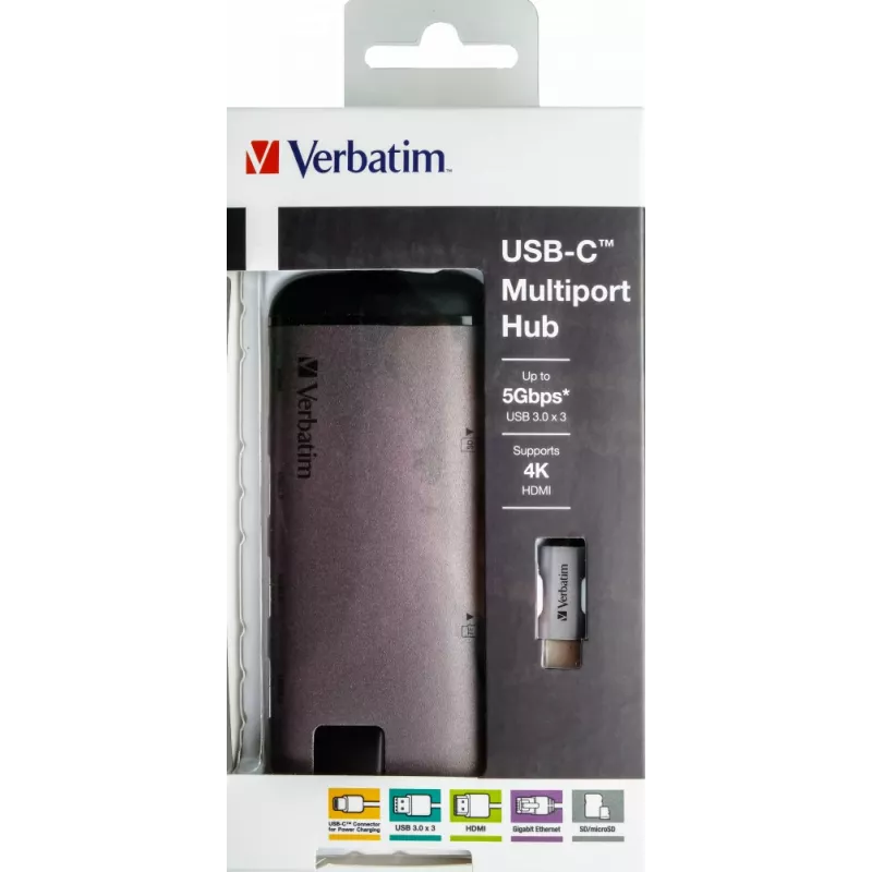Verbatim 49142 kannettavan telakka/porttireplikaattori USB 3.2 Gen 1 (3.1 Gen 1) Type-C musta, hopea