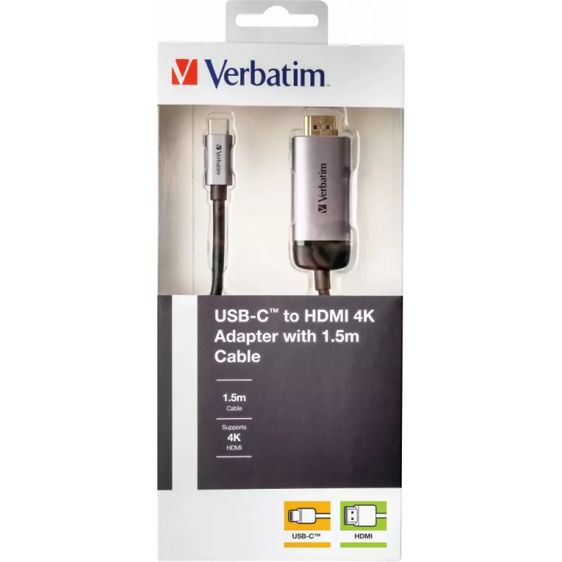 Verbatim 49144 videokaapeliadapteri 1,5 m USB Type-C HDMI musta, hopea