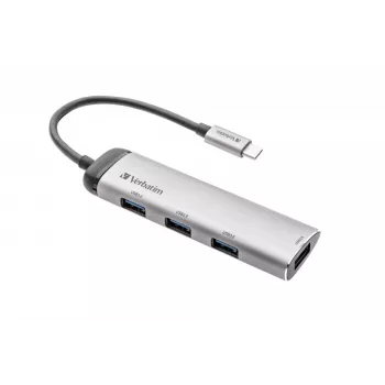 Verbatim USB-C-moniporttikeskitin, neljä porttia USB 3.2 Gen 1, USB 3.2 Gen 1 (3.1 Gen 1) Type-C, USB 3.2 Gen 1 (3.1 Gen 1) Type-A, 5000 Mbit/s, harmaa, alumiini, muovi, 0,15 m