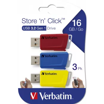 Verbatim Store 'n' Click - USB 2.0 -muistitikku 3.2 GEN1 - 3x16 GB - punainen/sininen/keltainen