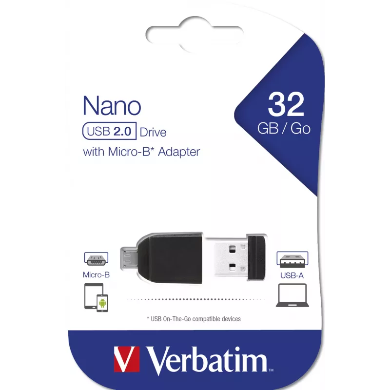 Verbatim Nano - USB 2.0 -asema Micro USB -sovittimella 32 GB - musta