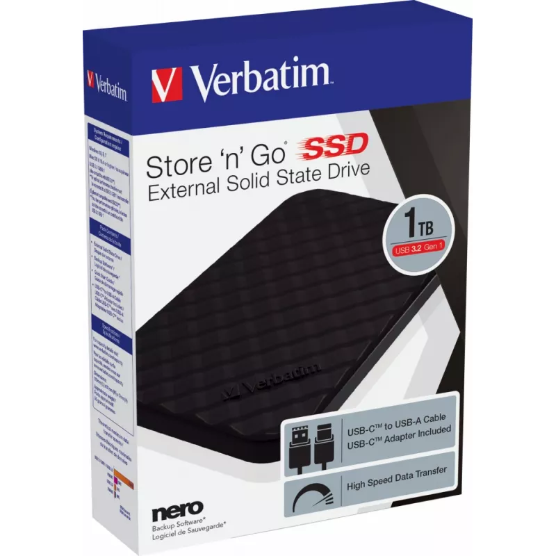 Verbatim Store 'n' Go Portable SSD USB 3.2 GEN 1 1TB, 1 TB, USB Type-C, 3.2 Gen 1 (3.1 Gen 1), musta