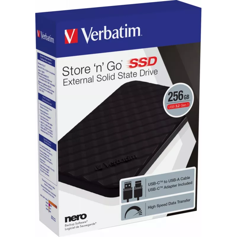 Verbatim Store 'n' Go Portable SSD USB 3.2 GEN 1 256GB, 256 GB, USB Type-C, 3.2 Gen 1 (3.1 Gen 1), musta