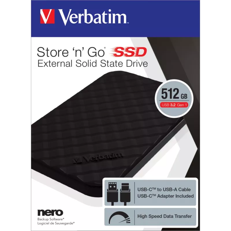 Verbatim Store 'n' Go Portable SSD USB 3.2 GEN 1 512GB, 512 GB, USB Type-C, 3.2 Gen 1 (3.1 Gen 1), musta