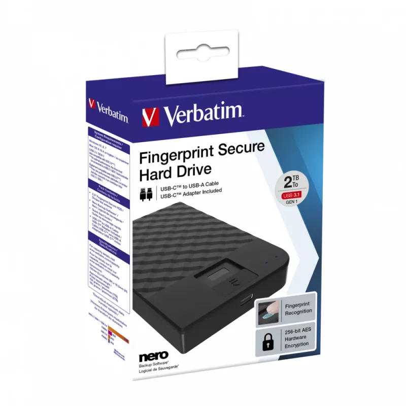 Verbatim Fingerprint Secure Portable Hard Drive 2TB, 2 TB, 3.2 Gen 1 (3.1 Gen 1), musta
